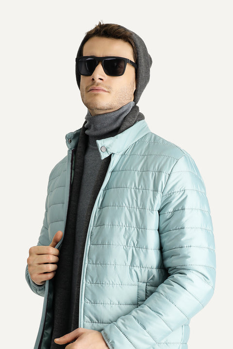 Cloud Blue Stand Collar Zippered Pocket Quilted Sport Jacket