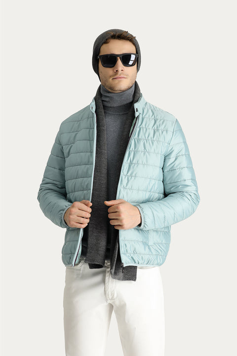 Cloud Blue Stand Collar Zippered Pocket Quilted Sport Jacket