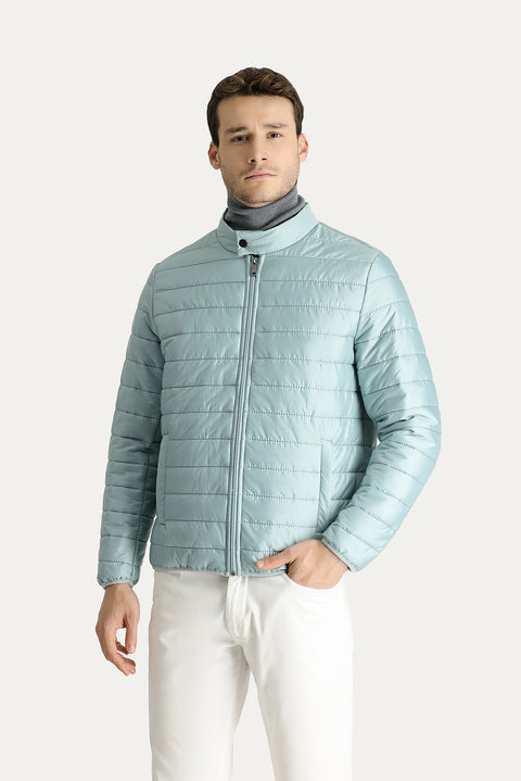 Cloud Blue Stand Collar Zippered Pocket Quilted Sport Jacket