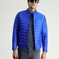 Navy Blue Stand-Up Collar Zip-Up Pocket Quilted Sport Jacket