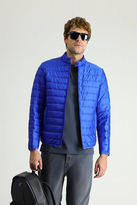 Navy Blue Stand-Up Collar Zip-Up Pocket Quilted Sport Jacket