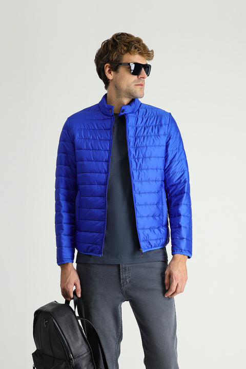 Navy Blue Stand-Up Collar Zip-Up Pocket Quilted Sport Jacket