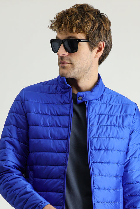 Navy Blue Stand-Up Collar Zip-Up Pocket Quilted Sport Jacket