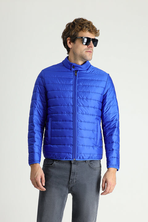 Navy Blue Stand-Up Collar Zip-Up Pocket Quilted Sport Jacket