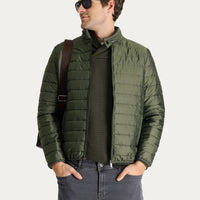 Medium Khaki Stand Collar Zip-Up Quilted Sport Jacket with Pockets