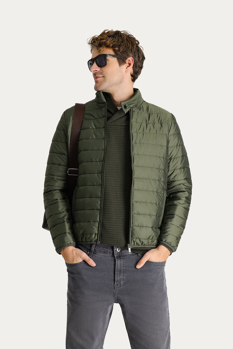 Medium Khaki Stand Collar Zip-Up Quilted Sport Jacket with Pockets