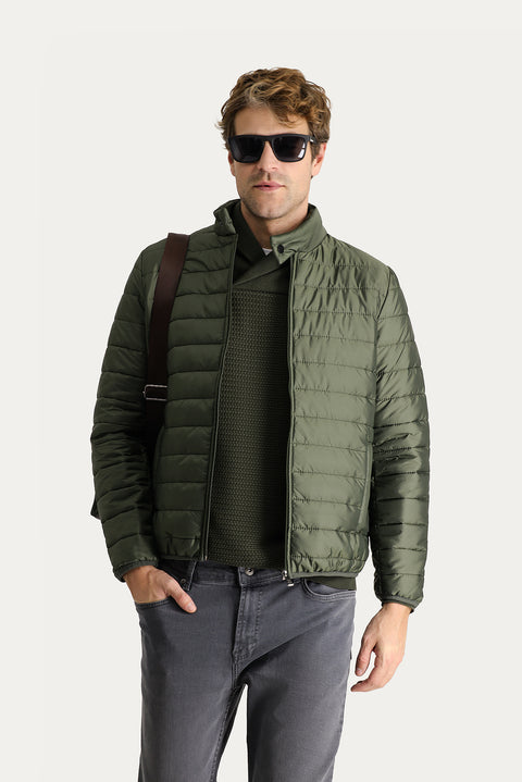 Medium Khaki Stand Collar Zip-Up Quilted Sport Jacket with Pockets