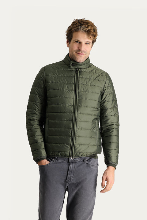 Medium Khaki Stand Collar Zip-Up Quilted Sport Jacket with Pockets