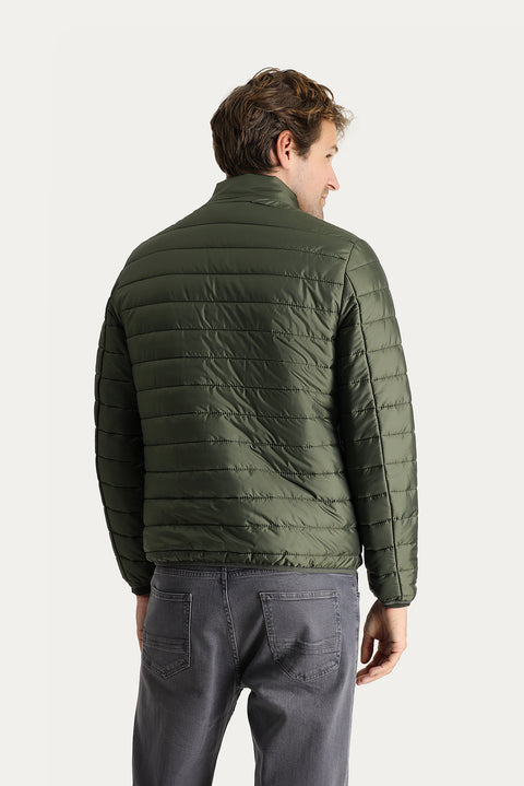Medium Khaki Stand Collar Zip-Up Quilted Sport Jacket with Pockets