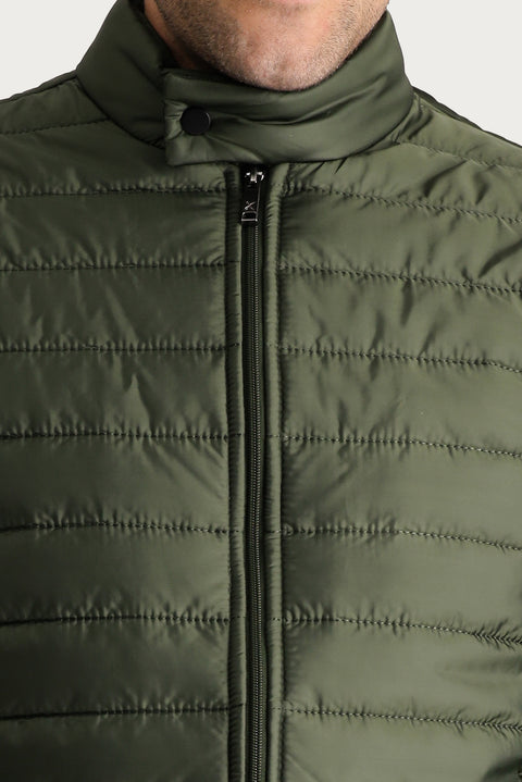 Medium Khaki Stand Collar Zip-Up Quilted Sport Jacket with Pockets