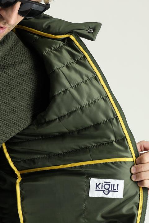 Medium Khaki Stand Collar Zip-Up Quilted Sport Jacket with Pockets