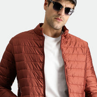 Terracotta Stand-Up Collar Zippered Pocket Quilted Sport Jacket