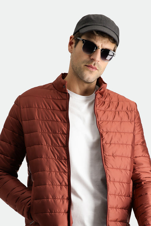 Terracotta Stand-Up Collar Zippered Pocket Quilted Sport Jacket