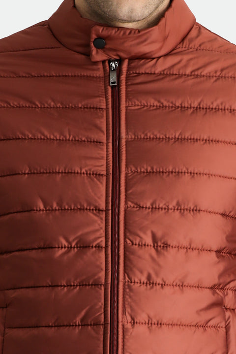Terracotta Stand-Up Collar Zippered Pocket Quilted Sport Jacket