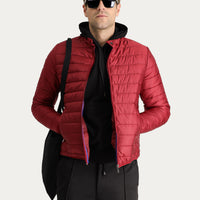 Dark Red Stand-Up Collar Quilted Sport Jacket with Zipper and Pockets