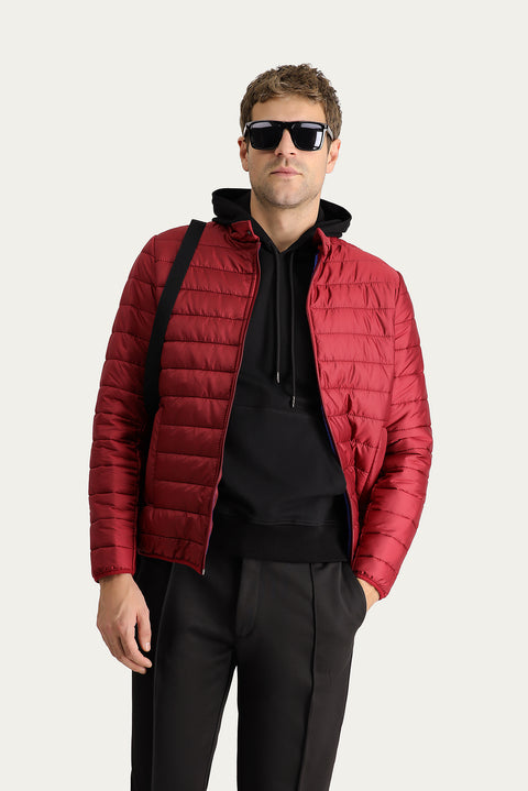 Dark Red Stand-Up Collar Quilted Sport Jacket with Zipper and Pockets