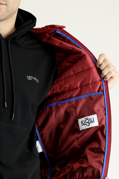 Dark Red Stand-Up Collar Quilted Sport Jacket with Zipper and Pockets