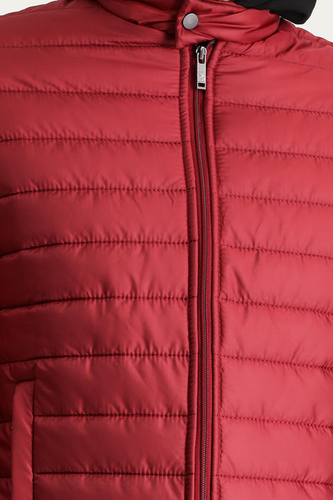 Dark Red Stand-Up Collar Quilted Sport Jacket with Zipper and Pockets