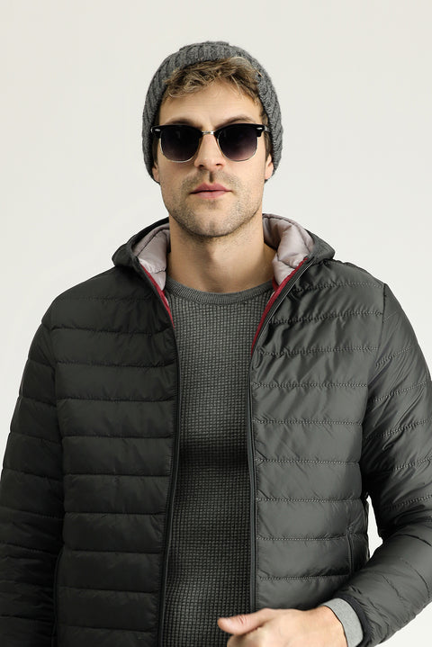 Dark Gray Hooded Quilted Sport Jacket