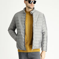 Light Grey Stand Collar Quilted Sport Jacket with Zipper and Pockets