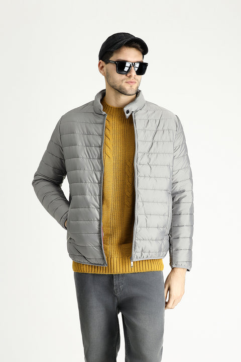 Light Grey Stand Collar Quilted Sport Jacket with Zipper and Pockets