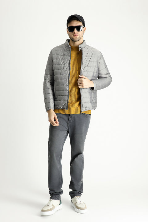 Light Grey Stand Collar Quilted Sport Jacket with Zipper and Pockets