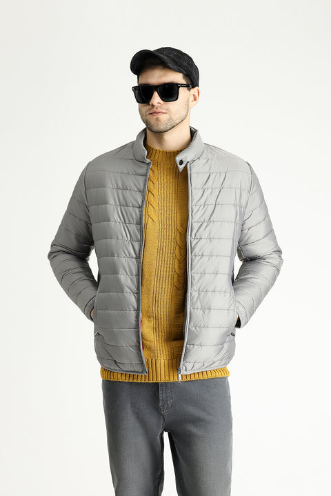 Light Grey Stand Collar Quilted Sport Jacket with Zipper and Pockets