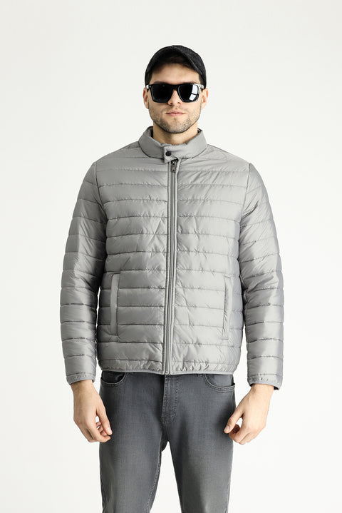 Light Grey Stand Collar Quilted Sport Jacket with Zipper and Pockets