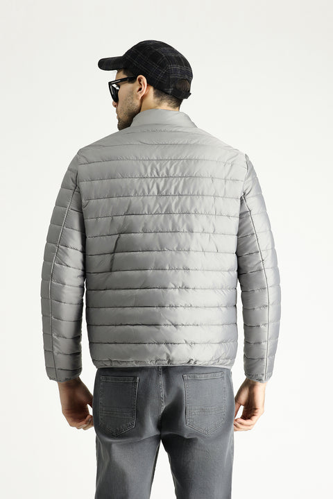 Light Grey Stand Collar Quilted Sport Jacket with Zipper and Pockets