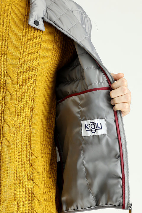 Light Grey Stand Collar Quilted Sport Jacket with Zipper and Pockets