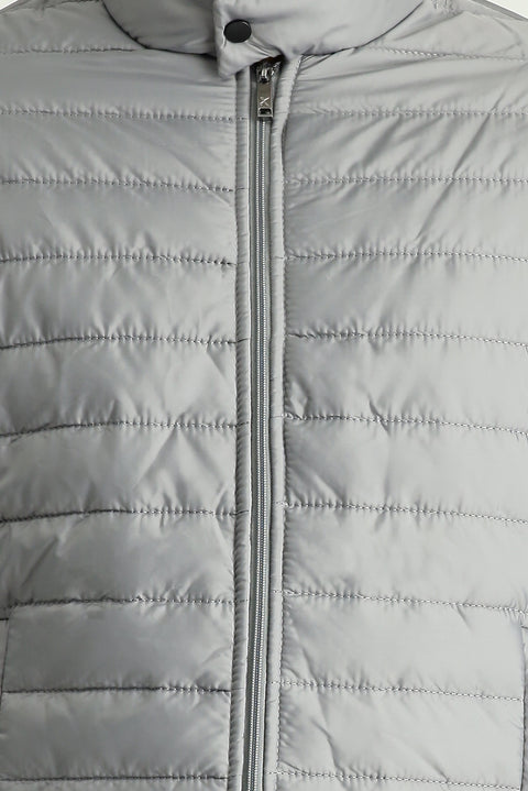 Light Grey Stand Collar Quilted Sport Jacket with Zipper and Pockets