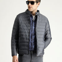 Dark Gray Stand-Up Collar Zip-Up Quilted Sport Jacket with Pockets