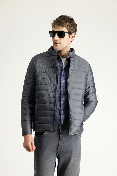 Dark Gray Stand-Up Collar Zip-Up Quilted Sport Jacket with Pockets
