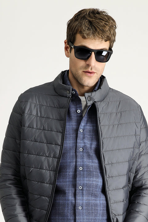 Dark Gray Stand-Up Collar Zip-Up Quilted Sport Jacket with Pockets