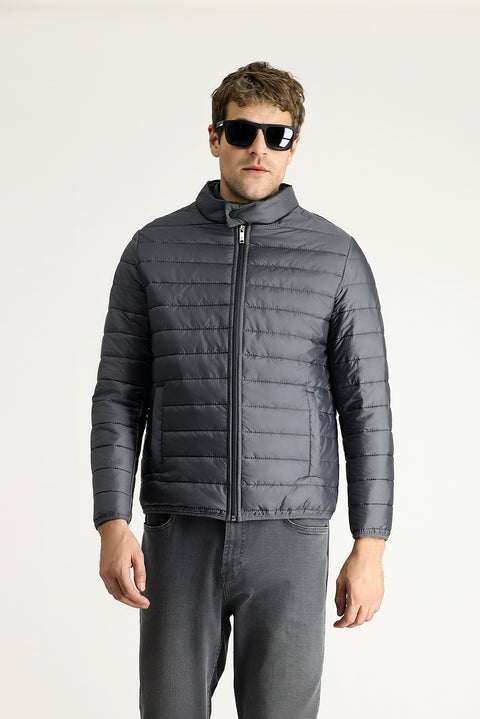 Dark Gray Stand-Up Collar Zip-Up Quilted Sport Jacket with Pockets
