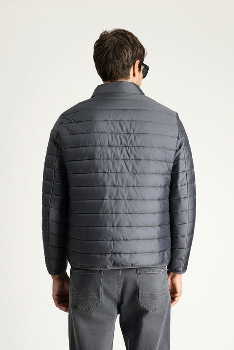 Dark Gray Stand-Up Collar Zip-Up Quilted Sport Jacket with Pockets