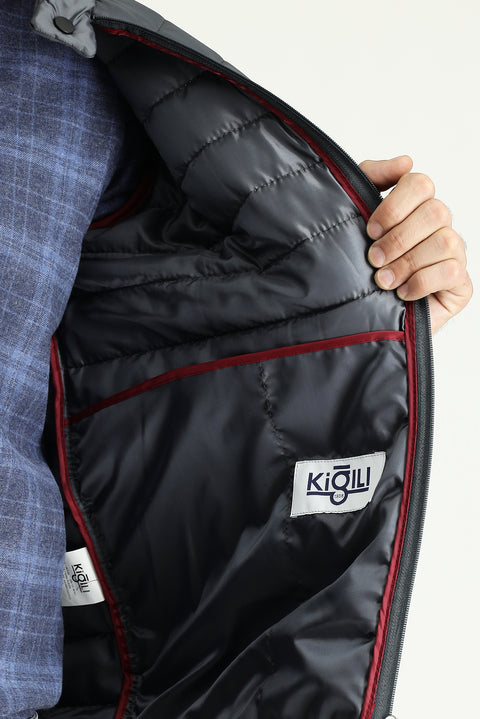 Dark Gray Stand-Up Collar Zip-Up Quilted Sport Jacket with Pockets