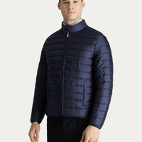 Dark Navy Stand Collar Zippered Quilted Sport Jacket with Pockets