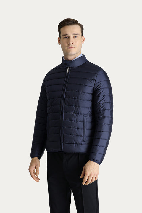 Dark Navy Stand Collar Zippered Quilted Sport Jacket with Pockets