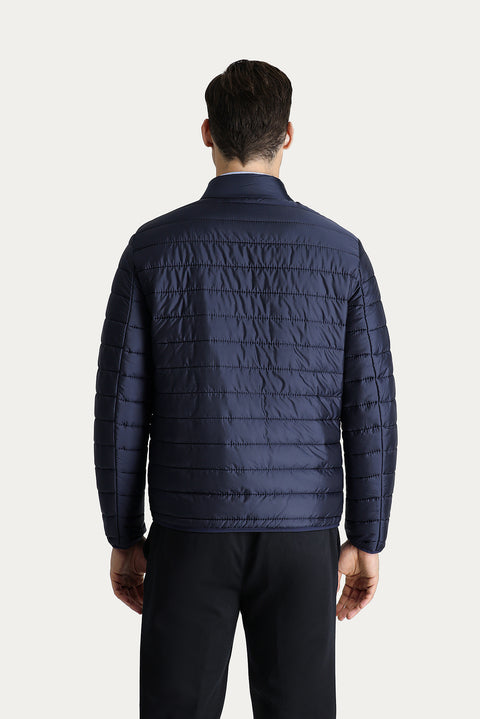 Dark Navy Stand Collar Zippered Quilted Sport Jacket with Pockets