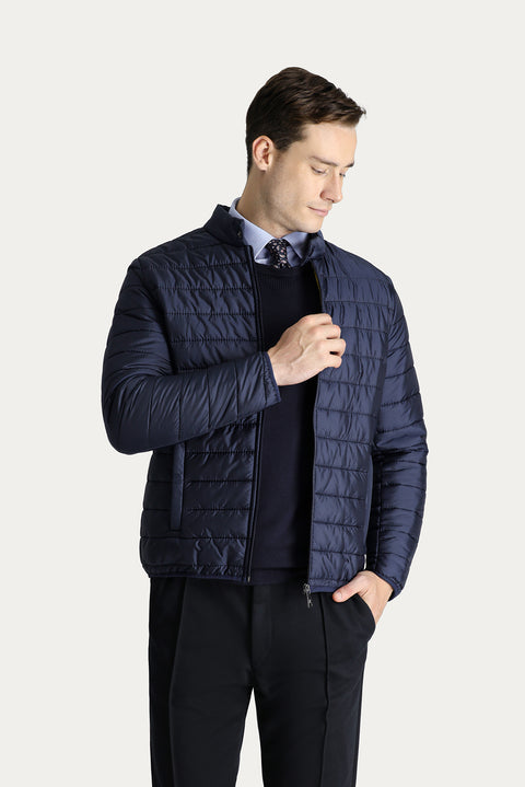 Dark Navy Stand Collar Zippered Quilted Sport Jacket with Pockets