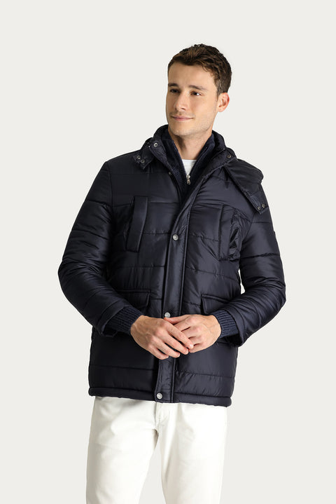 Medium Navy Hooded Sports Puffer Jacket