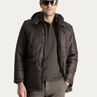 Dark Brown Hooded Sports Puffer Jacket