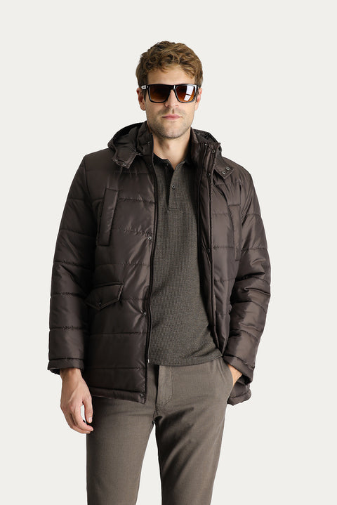 Dark Brown Hooded Sports Puffer Jacket