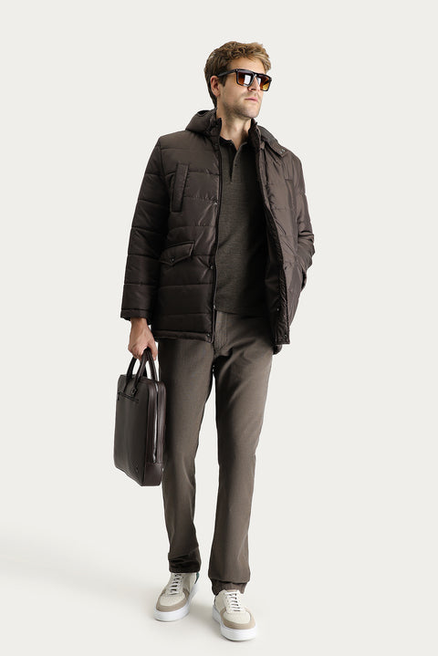 Dark Brown Hooded Sports Puffer Jacket