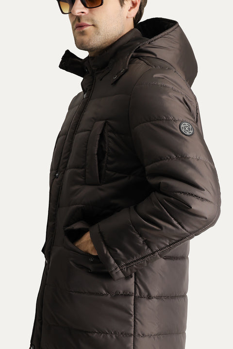 Dark Brown Hooded Sports Puffer Jacket