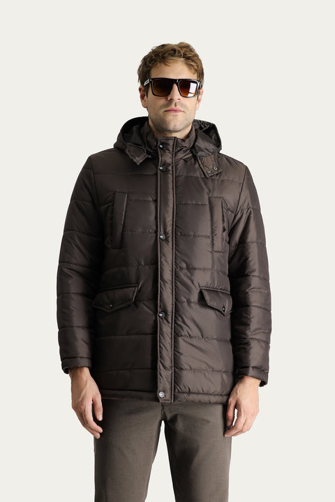 Dark Brown Hooded Sports Puffer Jacket