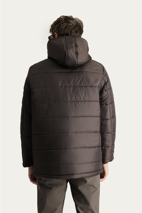 Dark Brown Hooded Sports Puffer Jacket