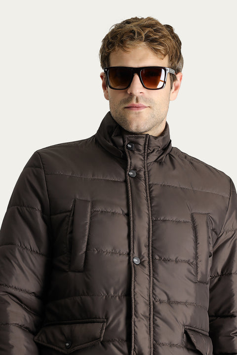 Dark Brown Hooded Sports Puffer Jacket