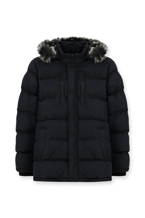 Dark Navy Fur-Lined Hooded Sport Puffer Jacket